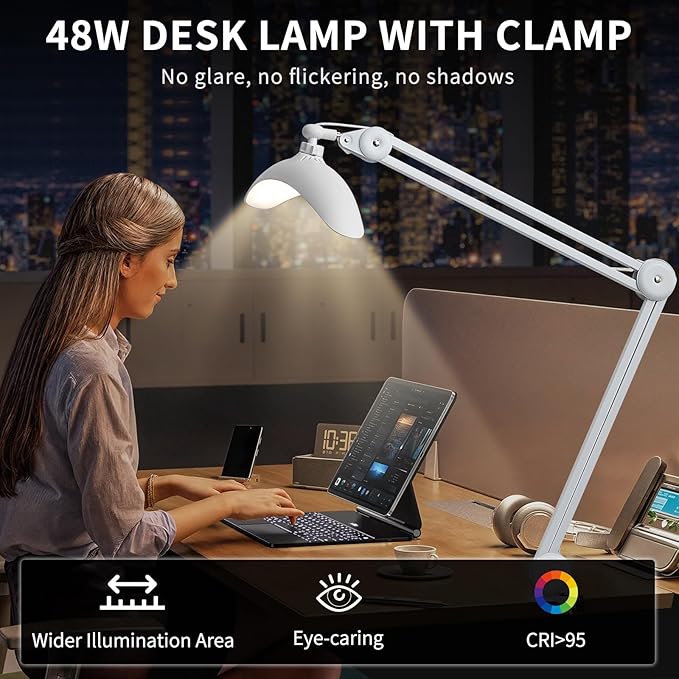 48W Eye-Caring LED Clip On Desk Lamp, 2700K/4200K/5600K with Clamp and Remote, Curved Design for Focused Lighting, CRI 95+ for Nail, Crafting, Painting, Hobby & Computer Monitor Light