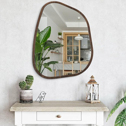 Irregular Wall Mirror Asymmetrical Large Bathroom Mirror Wood Framed Modern Artistic Decorative Vanity Mirrors for Bedroom Living Room Entryway Hallway 26"x18"