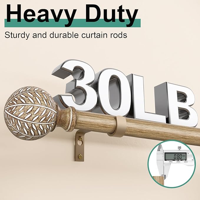 QDWIS Wood Curtain Rods for Windows 72 to 144 Inch,1'' Diameter Drapery Rods with Imitation Wood Grain Leaf Pattern Finials,Boho Adjustable Heavy Duty Curtain Rods Set,36-150'',Color:Weathered Wood