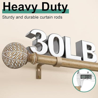 QDWIS Wood Curtain Rods for Windows 72 to 144 Inch,1'' Diameter Drapery Rods with Imitation Wood Grain Leaf Pattern Finials,Boho Adjustable Heavy Duty Curtain Rods Set,36-150'',Color:Weathered Wood