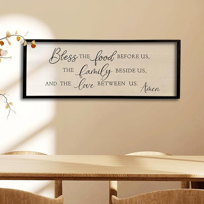 Bless the Food Before Us Wall Decor Sign 40" X 15" Dining Room Wall Decor Framed Wood for Large Farmhouse Vintage Prayer Catholic Kitchen Wall Hanging Scripture Bible Verse Art (Black)