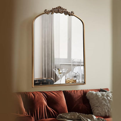 OUSHUAI Gold Brass Mirror for Wall,Gold Traditional Vintage Ornate Baroque Mirrors,Victorian Antique Bronze Mirrors with Full Matel Frame,Arched Mirror for Entryway/Bathroom/Fireplace 24"X36"