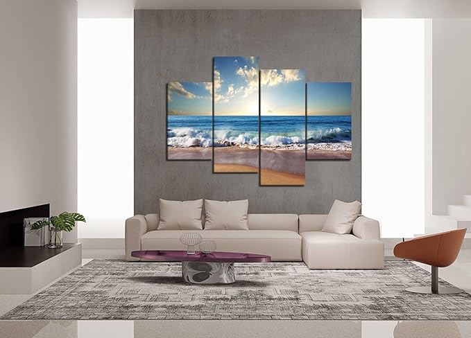 Modern Landscape Beach Ocean Wave Pictures Painting on Canvas 4 Piece Combination Set Landscape Pictures Wall Art for Living Room Home Decor Wooden Framed Stretched Ready to Hang (56" W x 44" H)