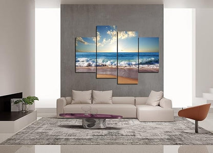 Modern Landscape Beach Ocean Wave Pictures Painting on Canvas 4 Piece Combination Set Landscape Pictures Wall Art for Living Room Home Decor Wooden Framed Stretched Ready to Hang (56" W x 44" H)
