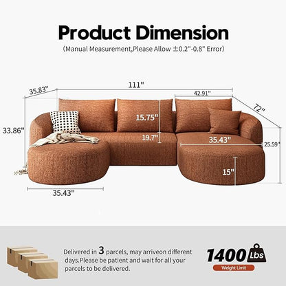 Settab 111" Modular Sectional Couches Luxury Modern Curved Back U-Shape Sofa Set with Ottoman,Minimalist Comfy Boneless Cloud Couch for Living Room Apartment,(Right Facing Chaise,Orange)