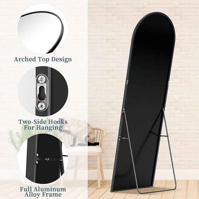 Full Length Mirror with Stand, 56"x15" Arched Full Body Mirror, Large Stand Up Aluminum Frame Floor Freestanding Hanging Leaning Mounted for Bedroom Living Room Entryway Black