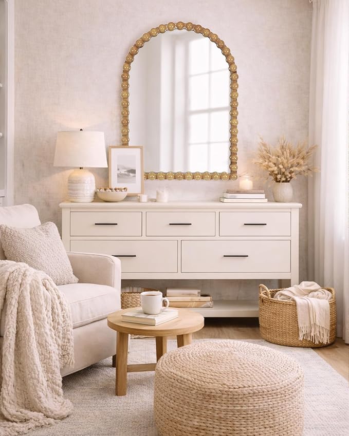 Beaded Arched Wall Mirror 22"x30", Vintage Decorative Arch Mirror with Beaded Frame, Accent Mirror for Entryway, Bathroom, Living Room, Bedroom, Fireplace Mantel