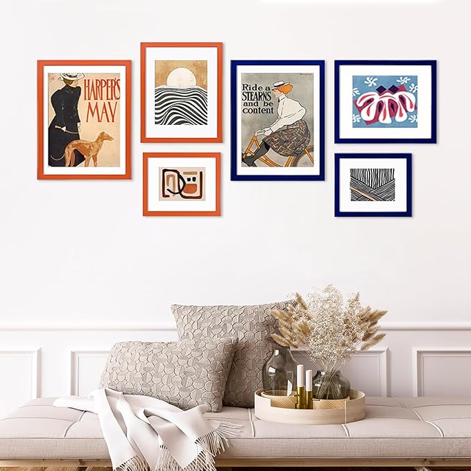 KINLINK 6x8 Picture Frame Orange, Solid Wood Frames with Acrylic Plexiglass for Pictures 4x6 with Mat or 6x8 without Mat, Tabletop and Wall Display Photo Frame, Set of 4