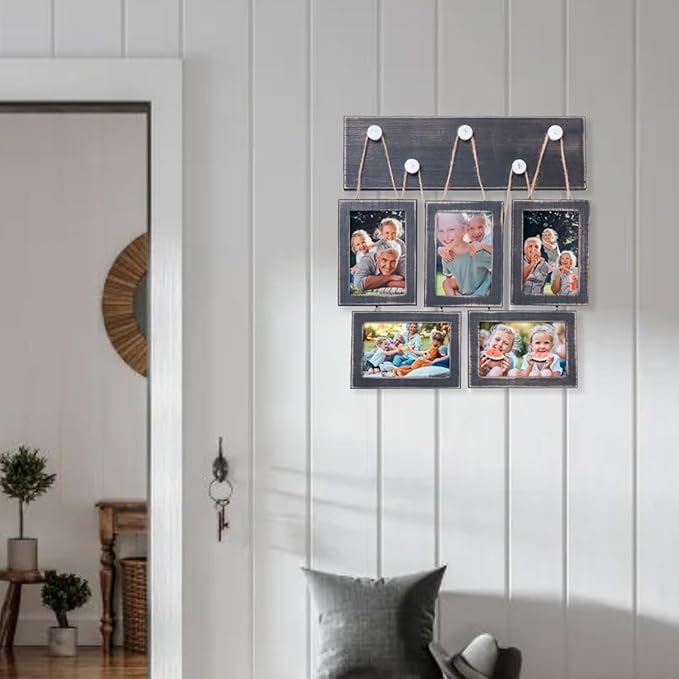 4x6 Picture Frames Collage for Wall Set of 5, Rustic Farmhouse Distressed Solid Wood Photo Frames, Black Vintage Wooden Frames for Wall & Tabletop Display, Gallery Wall Decor for Living Room Bedroom