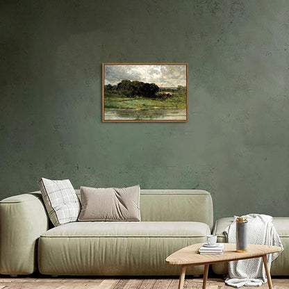 OIQArtOIQ Framed Vintage Landscape Wall Art Lake Natural Scenery Oil Painting Canvas Prints Country Farmhouse Decor Aesthetic Pictures for Kitchen Bedroom Living Room Bathroom