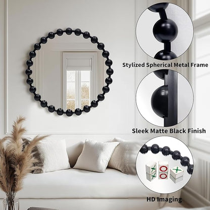 Round Black Mirror 24'', Spherical Frame Round Beaded Mirror for Wall Decor Large Circle Mirror for Bathroom, Dining Roon, Bed Room, Entryway