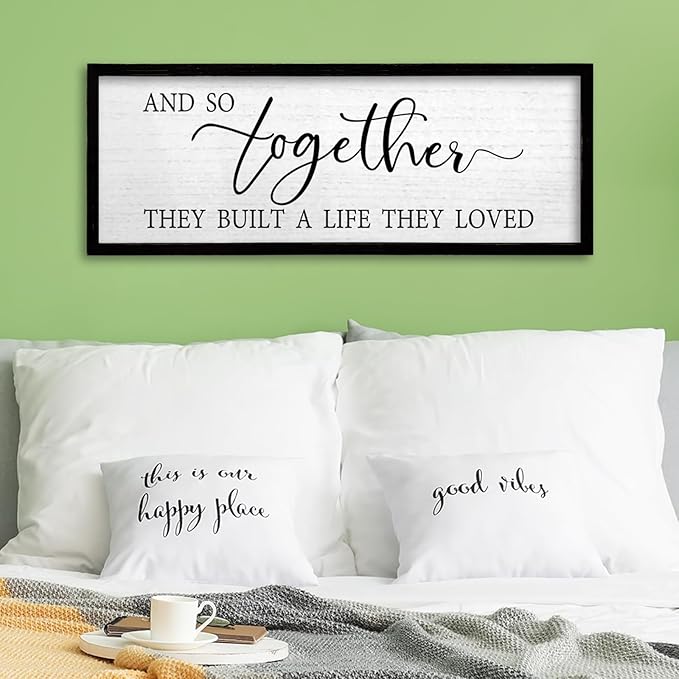 TQianJiang And So Together They Built A Life They Loved Above Bed Wall Decor 24"X10" for Master Bedroom Over Bed Sign Large Wood Framed Wall Hanging Art (Black)