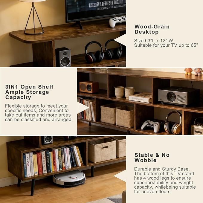 Lightdot 65 Inch TV Stand, up to 75 Inch TVs, Large Storage for Collection with 8 Open Shelves, Sturdy Media Console Table for Living Room/Entrance/Kitchen/Sofa Cabinet, Easy Assembly, Amber