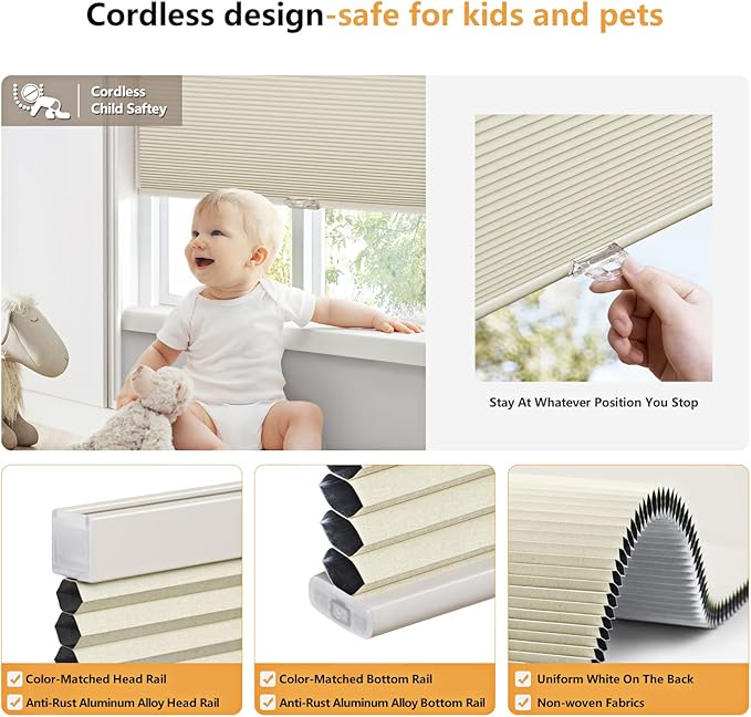 LazBlinds Cordless Cellular Shades, Blackout Privacy Honeycomb Shades for Home, Thermal Insulation Noise Reduction Blinds for Windows, 30'' W x 48'' H, Cream
