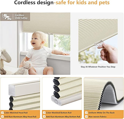 LazBlinds Cordless Cellular Shades, Blackout Privacy Honeycomb Shades for Home, Thermal Insulation Noise Reduction Blinds for Windows, 37'' W x 48'' H, Cream
