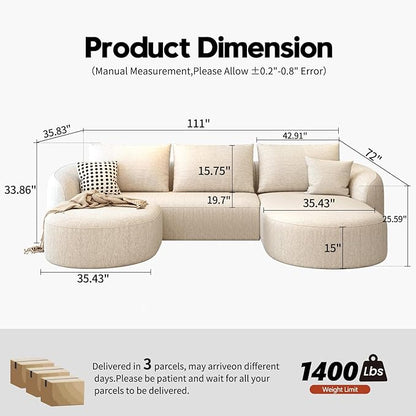 Settab 111" Modular Sectional Couches Luxury Modern Curved Back U-Shape Sofa Set with Ottoman,Minimalist Comfy Boneless Cloud Couch for Living Room Apartment,(Right Facing Chaise,White)
