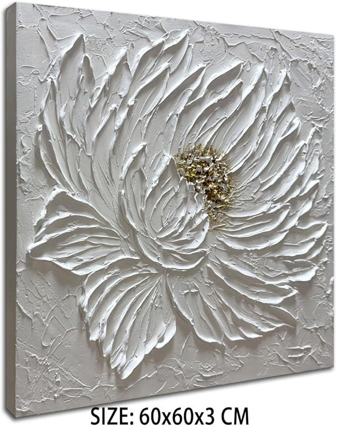 Slyart Handmade White 3D Floral Canvas Wall Art 24x24 Inches Abstract Flower Paintings Modern Contemporary Texture Wall Art White Artwork for Home Decorations