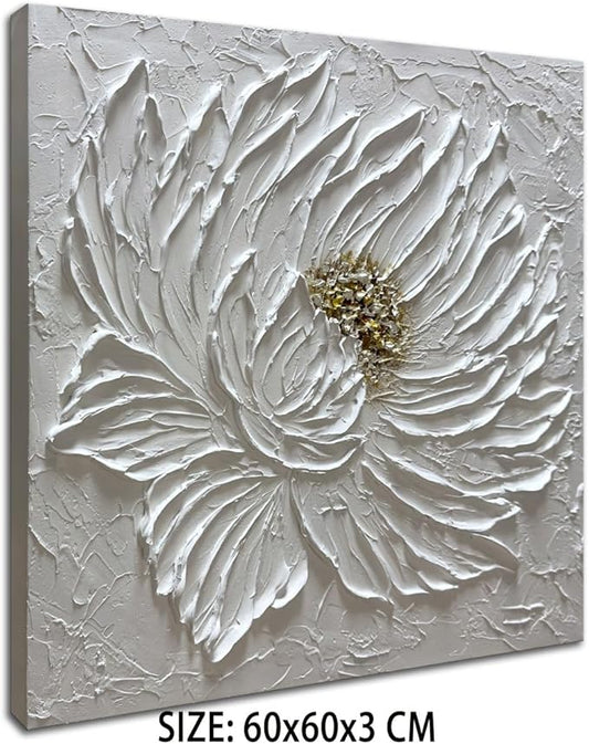 Slyart Handmade White 3D Floral Canvas Wall Art 24x24 Inches Abstract Flower Paintings Modern Contemporary Texture Wall Art White Artwork for Home Decorations