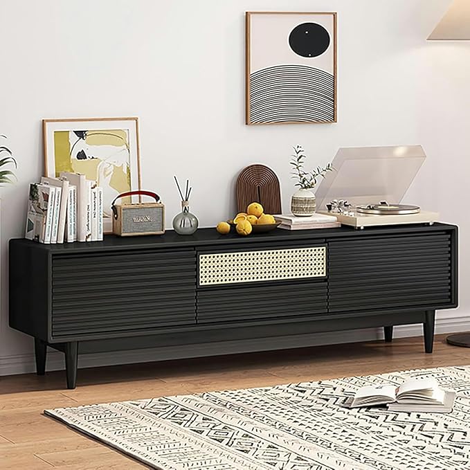 TV Stand Wood TV Stand, TV-Console, with Rattan Lower-Flap Door, Entertainment Center, with Cable Hole, Already Assembled TV Cabinet, TV Tables with Storage, for Living Room(Natural,Wood Leg)