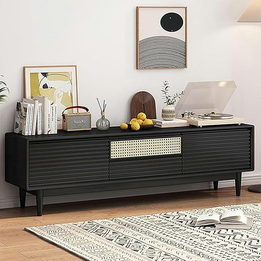 TV Stand Wood TV Stand, TV-Console, with Rattan Lower-Flap Door, Entertainment Center, with Cable Hole, Already Assembled TV Cabinet, TV Tables with Storage, for Living Room(Natural,Wood Leg)