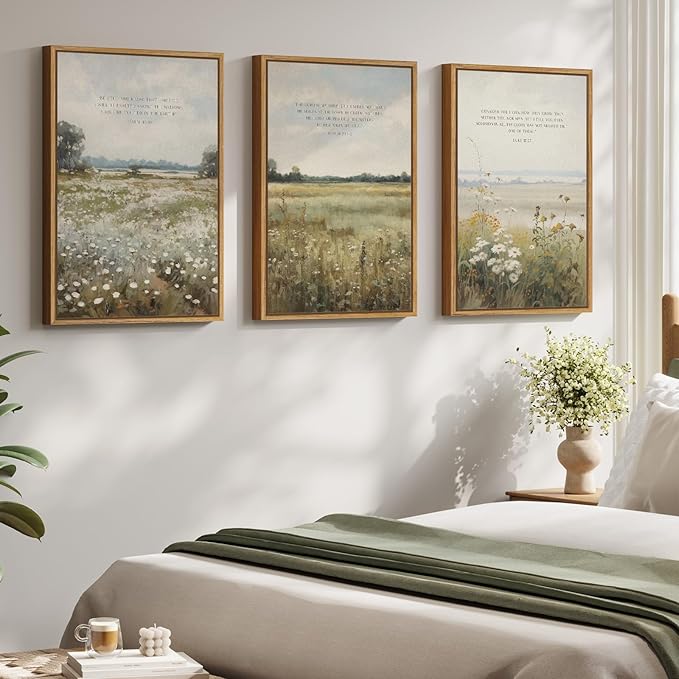 Framed Christian Wall Art Set of 3, Large Wildflower Bible Verse Canvas Prints, Vintage Pastoral Landscape Scripture Artwork for Living Room Bedroom Office Prayer Room, 16x24 Inch