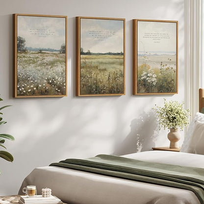 Framed Christian Wall Art Set of 3, Large Wildflower Bible Verse Canvas Prints, Vintage Pastoral Landscape Scripture Artwork for Living Room Bedroom Office Prayer Room, 16x24 Inch