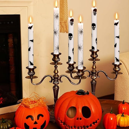 Halloween Flameless Taper Candles Battery Operated with Remote and Timer, 3D Wick Flickering LED Taper Candles Skull Bats Spider Decals Dinner Table Halloween Lights(6 Pack, 0.78 x 9.64”)