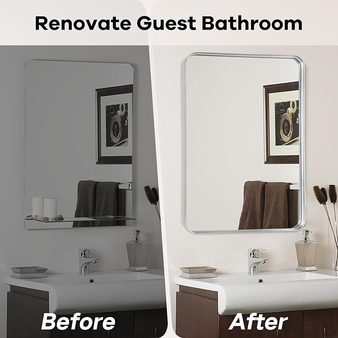 Bathroom Mirror Wall - 30x36 Inch Silver Framed Rectangular Mirror for Bathroom Over Sink, Brushed Metal Frame Mirror for Restroom, Entryway