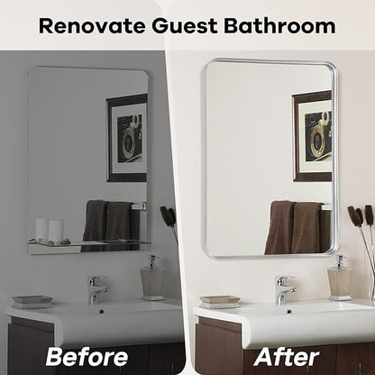 Bathroom Mirror Wall - 30x36 Inch Silver Framed Rectangular Mirror for Bathroom Over Sink, Brushed Metal Frame Mirror for Restroom, Entryway