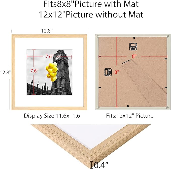 12x12 Picture Frame Set of 6, Display Pictures 8x8 with Mat or 12x12 Without Mat, Tabletop Display and Wall Hanging Photo Frame, Gallery Wall Frame Set, Natural Wood Color