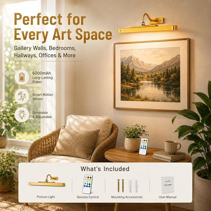 16" Gold Picture Light for Wall, Battery Operated Rechargeable Art Light with 6000mAh Battery, Motion Sensor, Remote, 3CCT Dimmable Cordless Painting Light for Artwork, Gallery, Hallway, 2 Pack