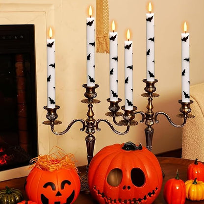 Halloween Flameless Taper Candles Battery Operated with Remote and Timer, Real Wax 3D Wick Flickering LED Taper Candle Bats Decals Dinner Table Halloween Decor(4 Pack, 0.78”D x 9.64”H)