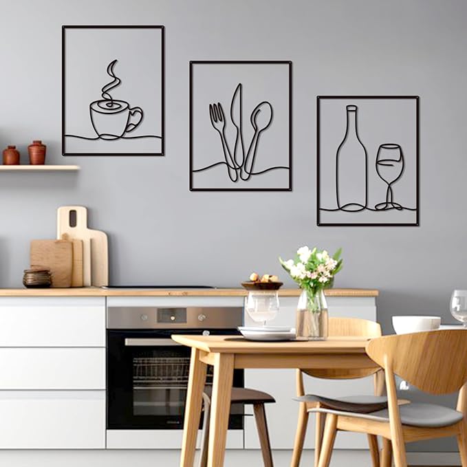 3 Pieces Metal Minimalist Line Kitchen Signs Wall Decor Drawing, Rustic Kitchen Art Wall Decor for Kitchen Dining Living Room Home, 14.2 x 11 Inches (Elegant)