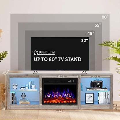 Kucreiheat 70'' TV Stand with 23'' Fireplace-Entertainment Center with LED Light for 75 inch TV-Grey Fireplace Stand with Adjustable Glass Shelves, Modern TV Console for Living Room/Bedroom