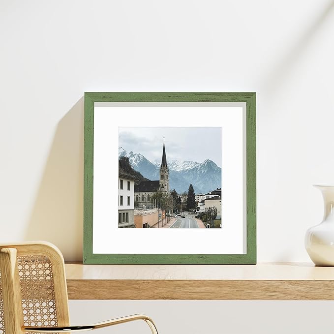 Vittanly 12x12 Picture Frames Set of 9, Display 8x8 Pictures with Mat or 12x12 without Mat, Photo Frames for Wall Mount, Engineered Wood, Rustic Green
