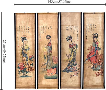 CIFIBIFUN Wall Asia Art Prints Posters Painting Eastern Vintage Style,4 Panels Old Paper Scroll Wood Framed Ready to Hang,Super Large Home Walls Decor Women