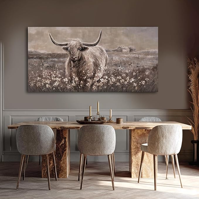 Beige and Brown Highland Cow Canvas Wall Art - 24x48 Inch Framed Large Painting for Rustic Farmhouse Living Room, Vintage Bedroom, Office Decor, Cow Lover Gift