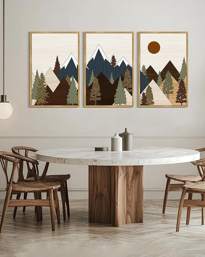 Drsoum Morden Mountains Landscape Wall Art Framed Boho Pine Tree Forest Nature Prints Boho Farmhouse Rustic Artwork Hallway Bedroom Ready to Hang 24x36in Natural Framed