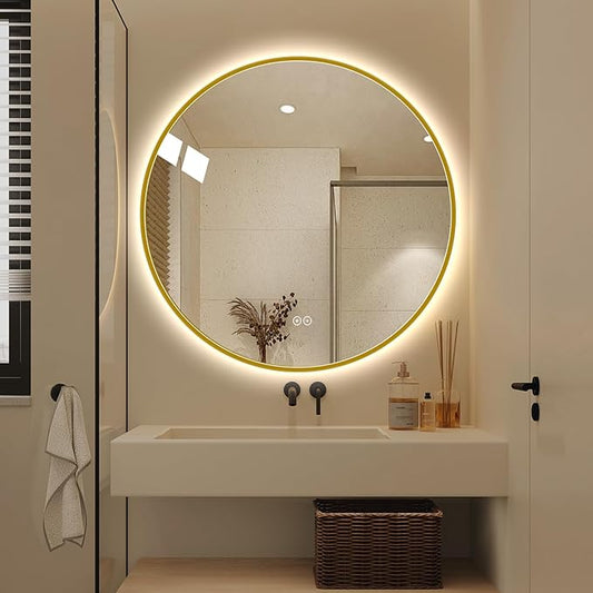 LAIYA 36 Inch Round LED Bathroom Mirror with Lights, Gold Aluminum Frame, Anti-Fog Dimmable Backlit Vanity Mirror, 3 Color Temperature, Memory Function, Wall Mounted Lighted Bathroom Mirror