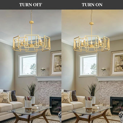 Gold Modern Industrial Geometric Chandelier: 5-Light Adjustable Farmhouse Dining Room light Fixture - Hanging Pendant Ceiling Chandelier Lighting over Table Kitchen Island for Living Bedroom Entryway