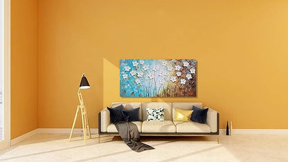 YHSKY ARTS Flower Canvas Wall Art Hand Painted 3D Turquoise Brown White Painting Modern Abstract Floral Pictures Aesthetic Artwork for Living Room Bedroom Dinning Room Decoration