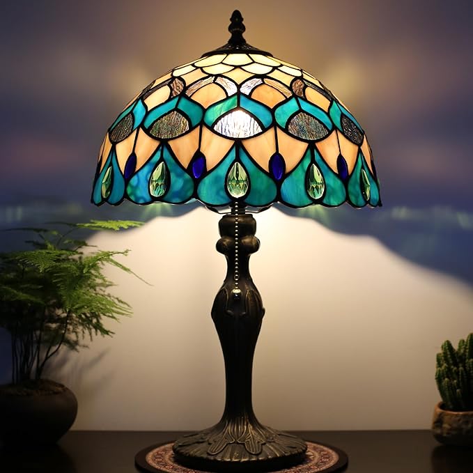 Tiffany Lamp Stained Glass Table Lamp Bedside Reading Lamp 12 x 19” Blue Phoenix Tail Style Decorative Lamp for Desk Study Living Room Bedroom Office Decor Gift