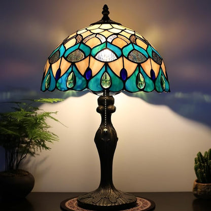 Tiffany Lamp Stained Glass Table Lamp Bedside Reading Lamp 12 x 19” Blue Phoenix Tail Style Decorative Lamp for Desk Study Living Room Bedroom Office Decor Gift