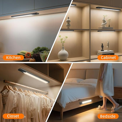 Under Cabinet Lighting Wireless, 15inch Rechargeable Motion Sensor Light Indoor, 3 Color Closet Light Battery Operated with LED Power Display, Magnetic Under Counter Lights for Kitchen (3Pack-Black)