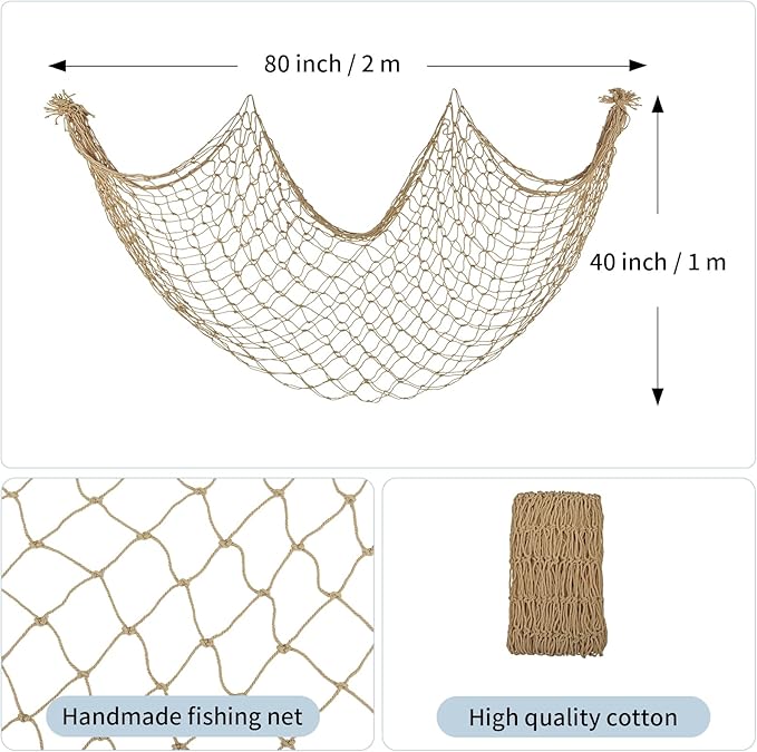 Decorative Fishing Net 2 Pack, 80x40 Inch Large Caramel Fish Net Decor for Wall, Photo Display, Nautical Mermaid Pirate Ocean Themed Beach Hawaii Under the Sea Party Decorations