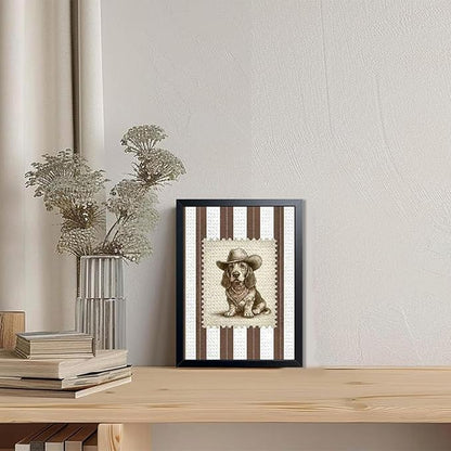 Vintage Cowboy Dog Wall Art, Western Basset Hound Canvas Print, Farm Rustic Country Animal Wall Decor, Southwestern Poster Oil Painting for Living Room Bedroom Nursery Office 8x10 Inch Framed