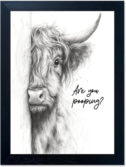 Gongyuanyihao Arts Funny Highland Cow Bathroom Wall Art with Black Frame, Are You Pooping Sign for Farmhouse Restroom Decor, Rustic Humorous Canvas Print Painting Ready to Hang 11"x14"