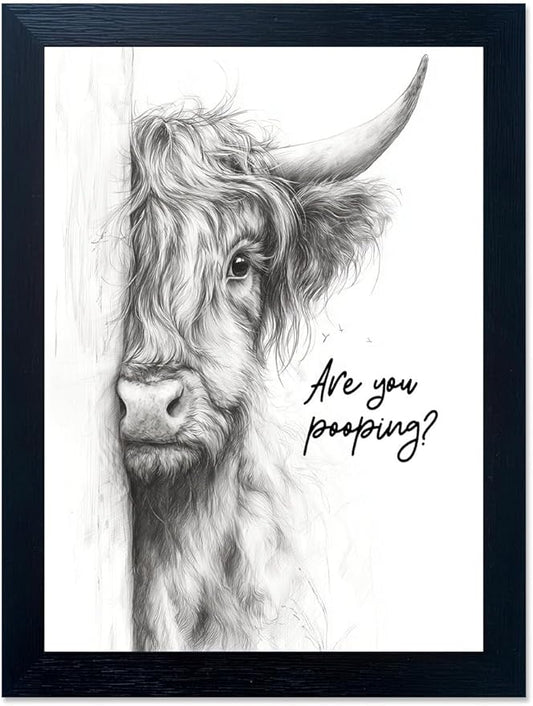 Gongyuanyihao Arts Funny Highland Cow Bathroom Wall Art with Black Frame, Are You Pooping Sign for Farmhouse Restroom Decor, Rustic Humorous Canvas Print Painting Ready to Hang 11"x14"