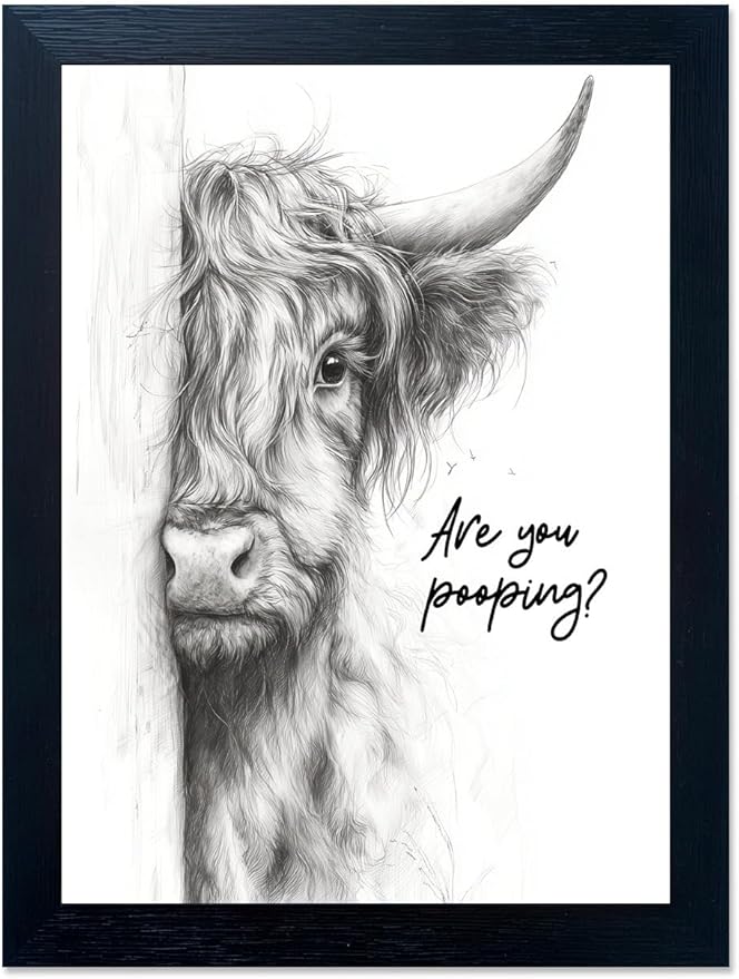Gongyuanyihao Arts Funny Highland Cow Bathroom Wall Art with Black Frame, Are You Pooping Sign for Farmhouse Restroom Decor, Rustic Humorous Canvas Print Painting Ready to Hang 8"x10"