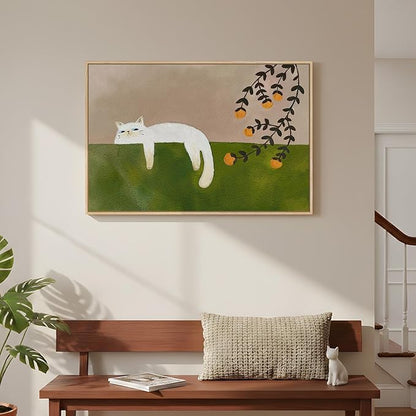 Framed Neutral and Green Wall Art for Bedroom Decor, Large Cozy Cat Canvas Painting Artwork for Room Walls, Green Picture Print for Dining Room Nursery Guest Room Hallway Wall Art Decor, 24x36 Inch
